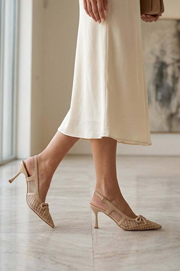 Lori̇ Original Kri̇stebell Imported Bow Stone Detail Women's Heel Shoes Beige