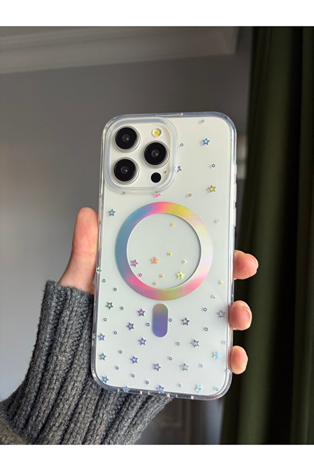 Holographic and magsafe compatible premium phone case with star print for iphone 15 pro max