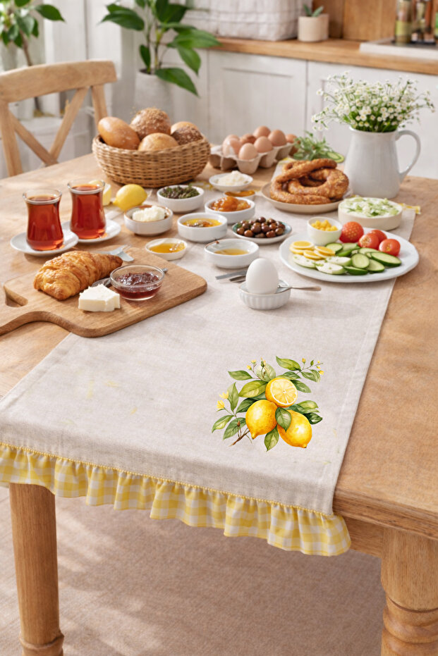 Lemon Patterned Runner Ruffled Tablecloth Yellow Gingham Farmhouse Kitchen Decor