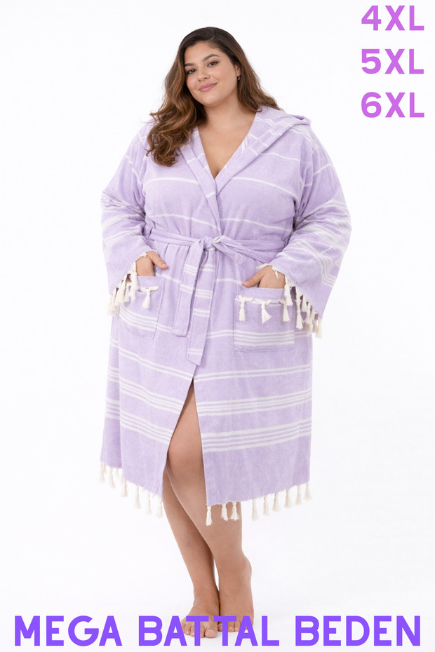 Cotton Lilac Colored Plus Size Hooded Peshtamal Bathrobe, Dressing Gown and Beach Dress (Mega Size)