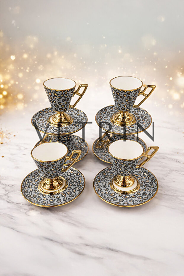 6-Piece Porcelain Luxury Leopard Patterned Gold Gilded Coffee Cup Set I 90 Cc I