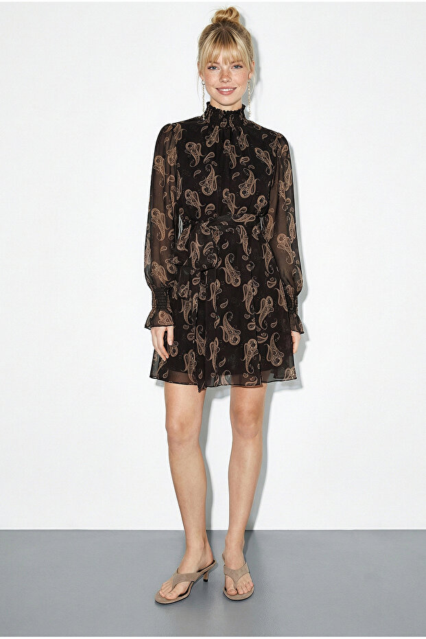 Women's Brown Patterned Gipeli Collar and Sleeve Detail Belted Lined Mini Chiffon Dress 0933 60283947