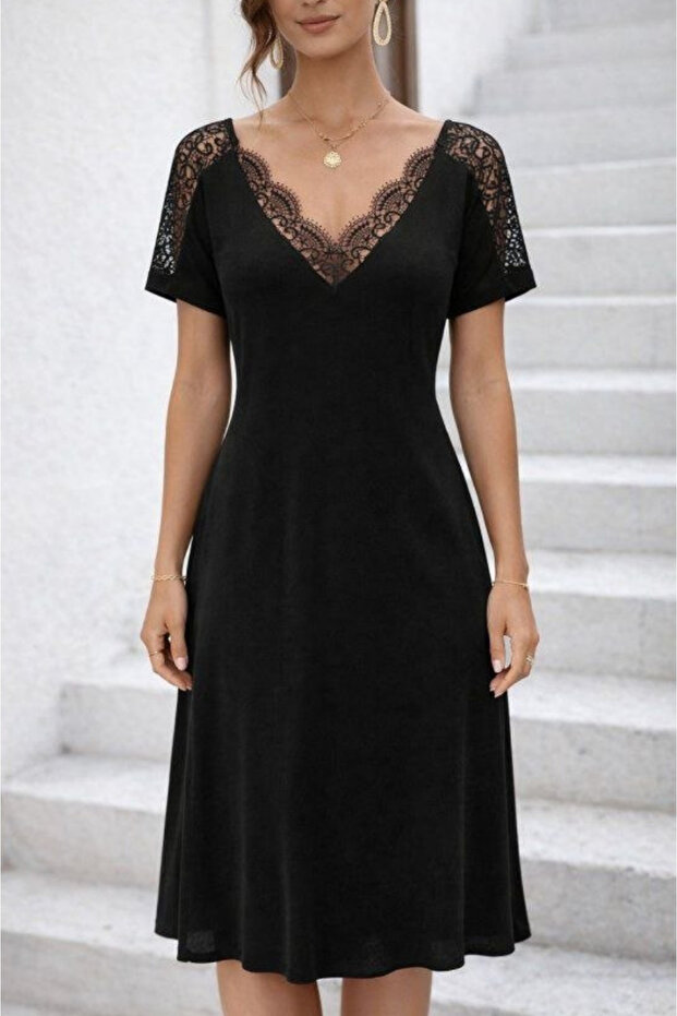 Women's Lace V-Neck Short Sleeve Viscose Dress