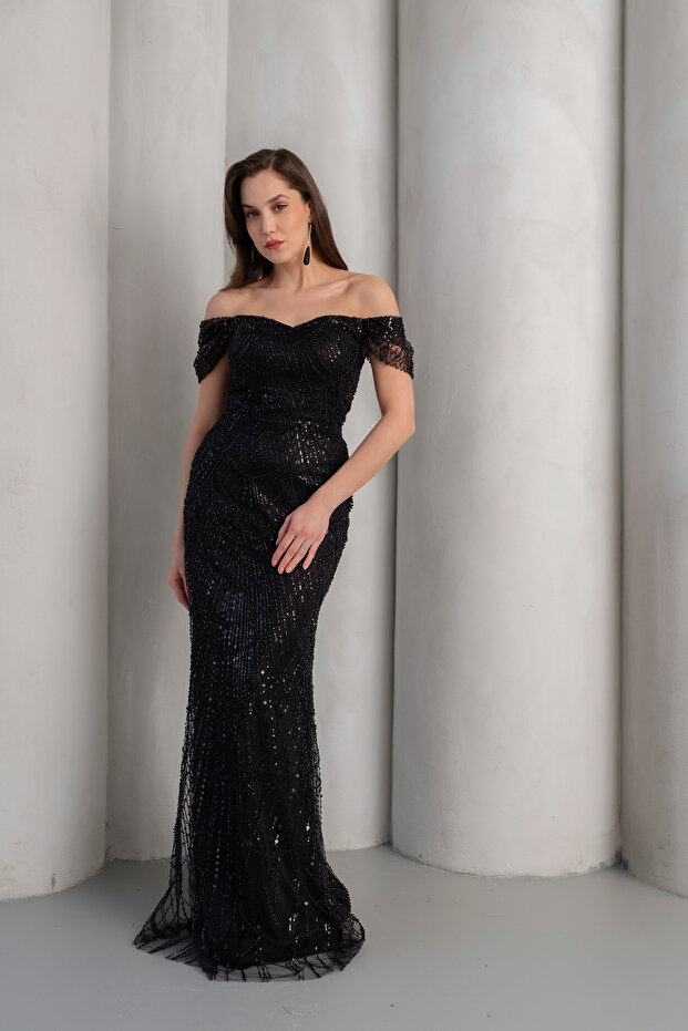 Women's Black Boat Neck Beaded Long Evening Dress