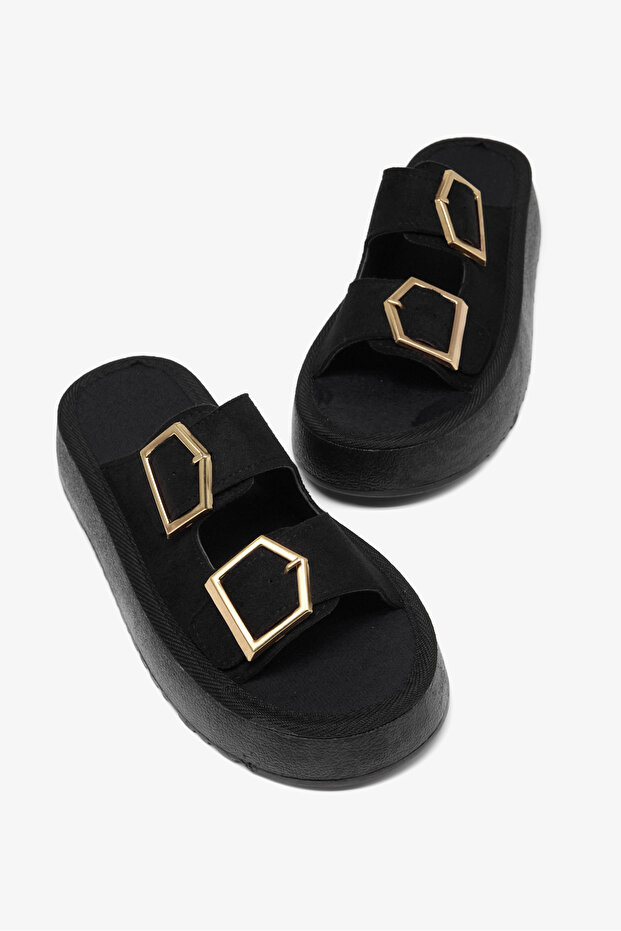 Women's Black Comfortable Fit High Sole Buckle Slippers