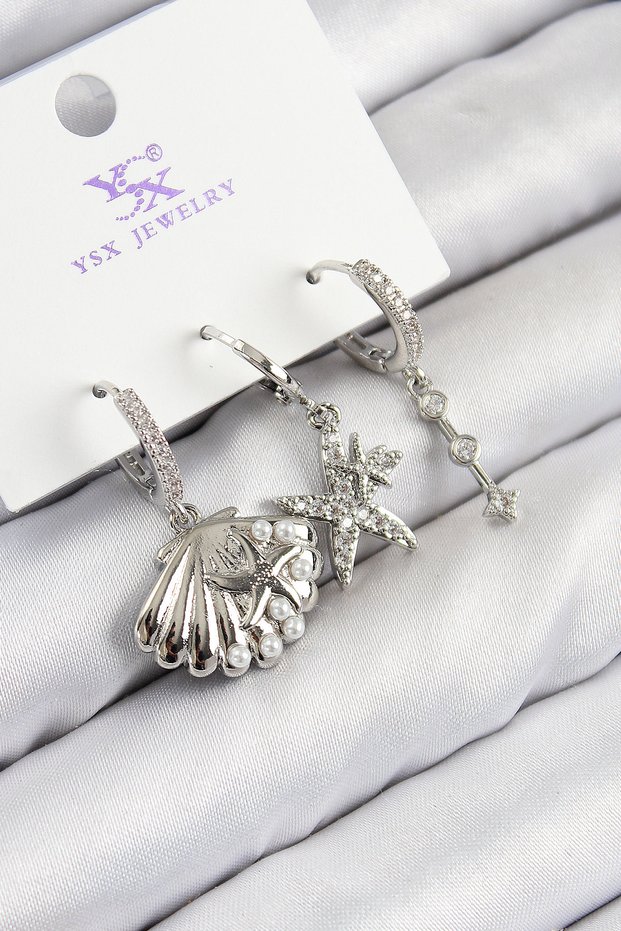 Stylish Brass Zircon Stone 3-Piece Star and Oyster Model Silver Color Women's Earrings Teachers Mothers Love