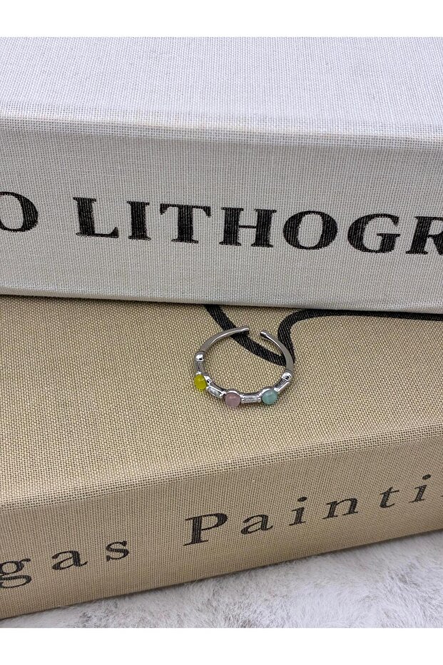 Silver Color Yellow Pink Green Round Stone Detailed Adjustable Minimal Brass Ring