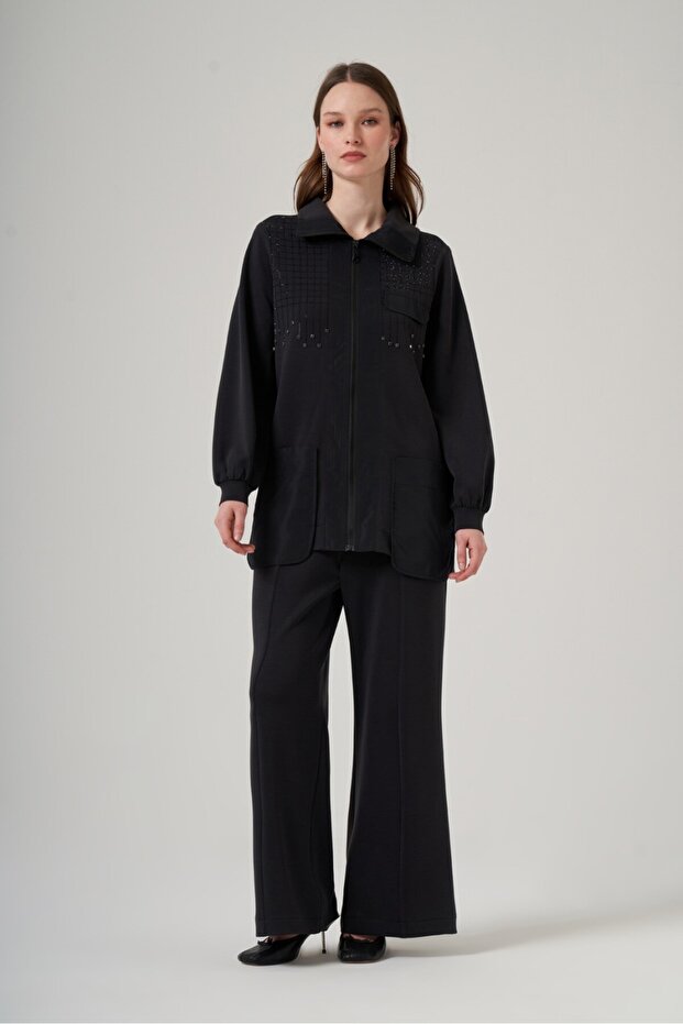 1046 Stone Detailed Front Detail Pants Suit