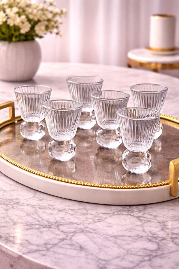 6-Piece Glass Diamond Footed Striped Coffee Side Glass Set 50ml
