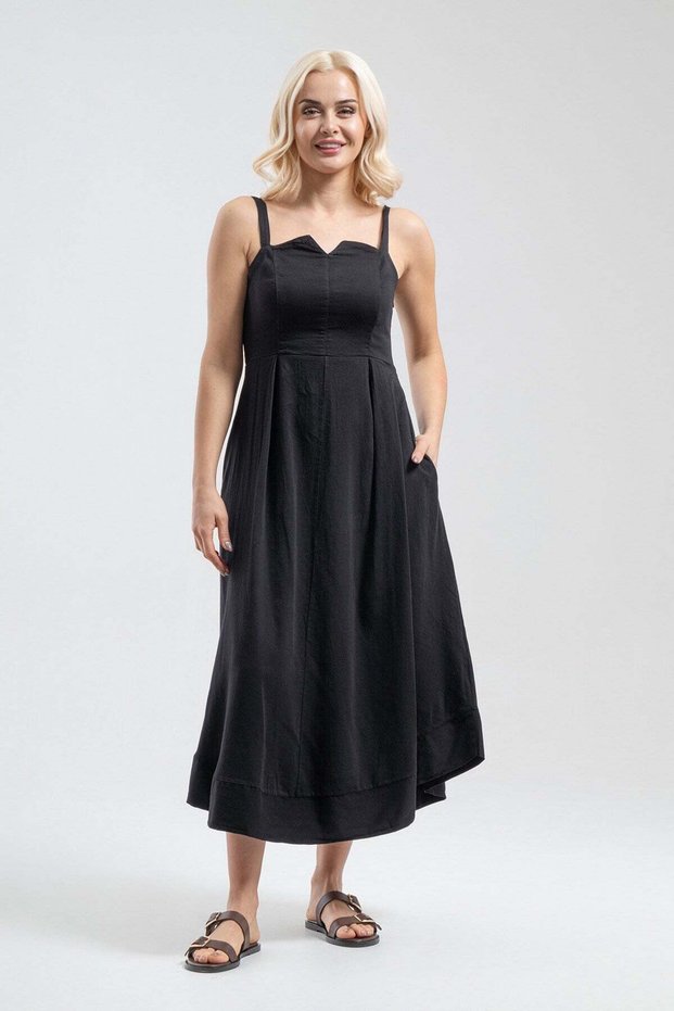 Women's Black Strappy Dress with Hidden Zipper Pocket, 100% Cotton Fabric