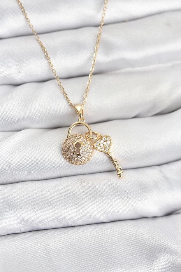 Stylish 316L Steel Chain Gold Color Lock Key Model Zircon Stone Women's Necklace Teachers Mothers Love