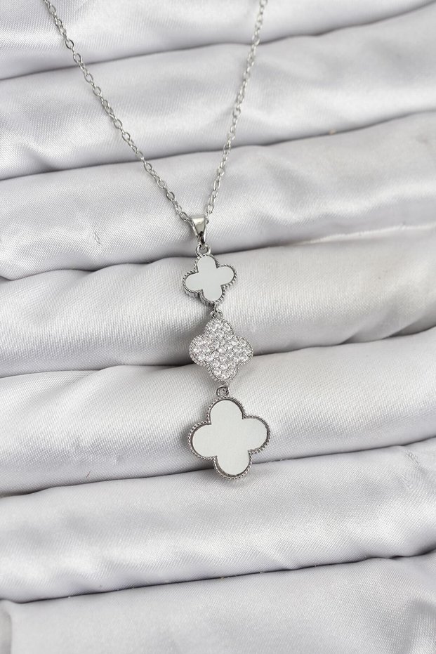 Stylish 316L Steel Chain Silver Color Clover Detailed Zircon Stone Women's Necklace Teachers Mothers Lovers