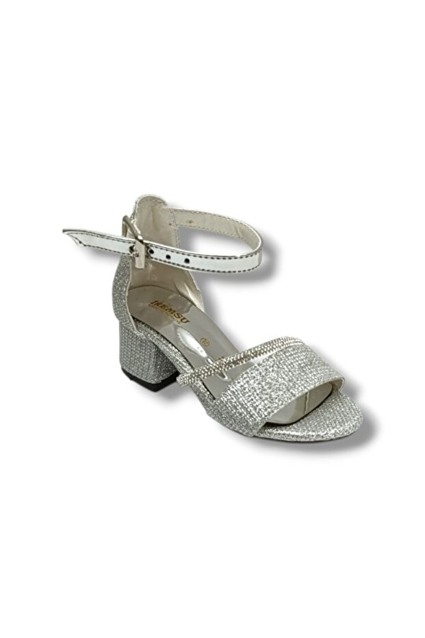 7656-26 Glittery Stripe Stone Heeled Girls' Sandals