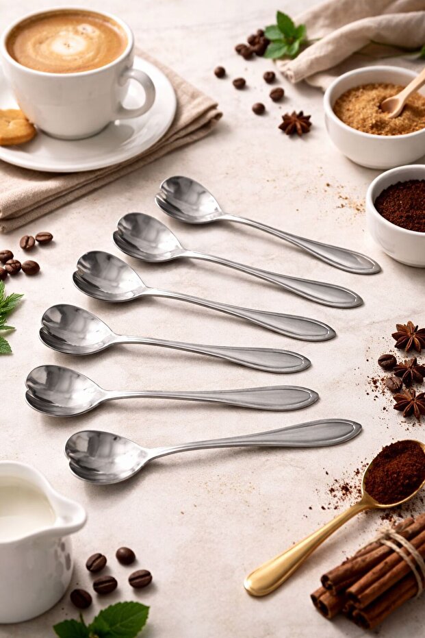 Set of 6 Elegance Series Tea & Coffee Spoons Silver Velvet Model