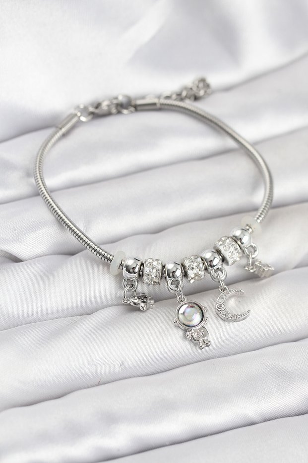 Stylish Brass Silver Color Space Theme Women's Bracelet with Charms Teachers Mothers Valentine's Day Gift