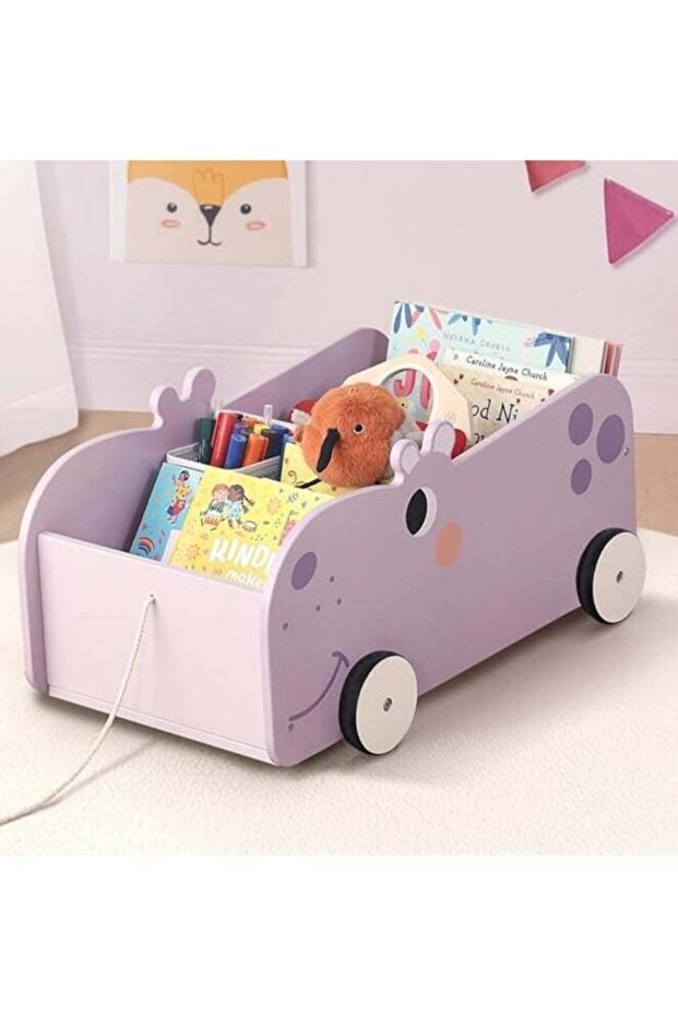Hippo Shaped Wooden Book Storage Trolley with Pull String