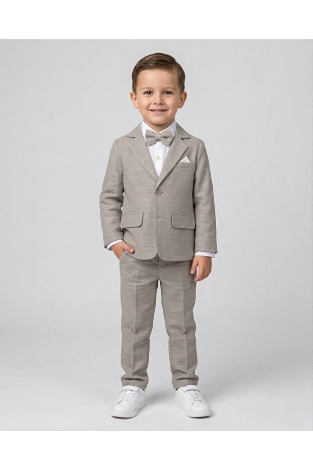 Boy's 2-9 Years Old 3-Piece Stylish Bow Tie Holiday Suit with Linen Jacket, Pants and Shirt, 100% Cotton