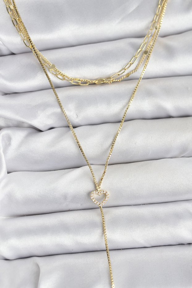 Stylish Brass Gold Color Heart Detailed 3-Piece Combination Y Women's Necklace Teachers Mothers Valentine's Day Gift