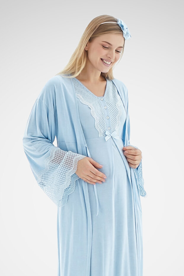 New Season Blue Summer Button Detailed Special Design Short Sleeve Maternity Maternity Dressing Gown Nightgown Set