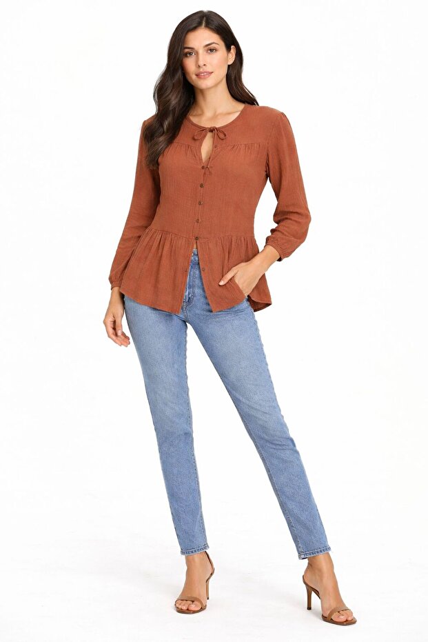 Women's Blue Collared Muslin Shirt with Elastic Sleeves