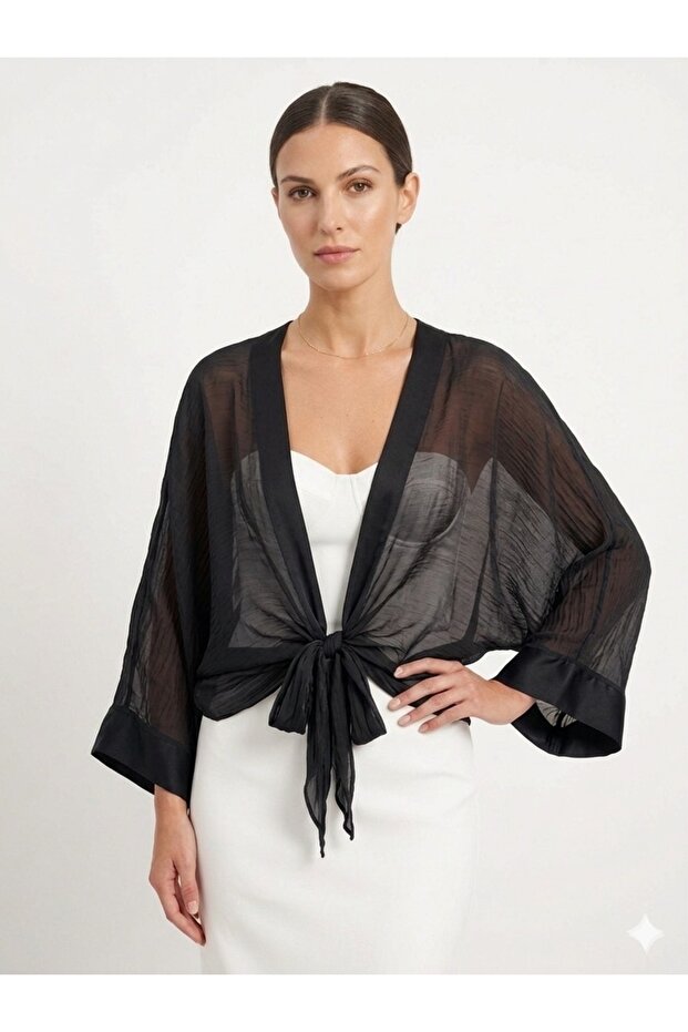 Women's Black Italian Tie-Front Bat Sleeve Silk Bolero Blouse Size 38 - 42