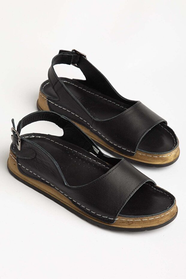 Genuine Leather Orthopedic Women's Flat Heel Sandals Black with Symmetrical Side Cutouts