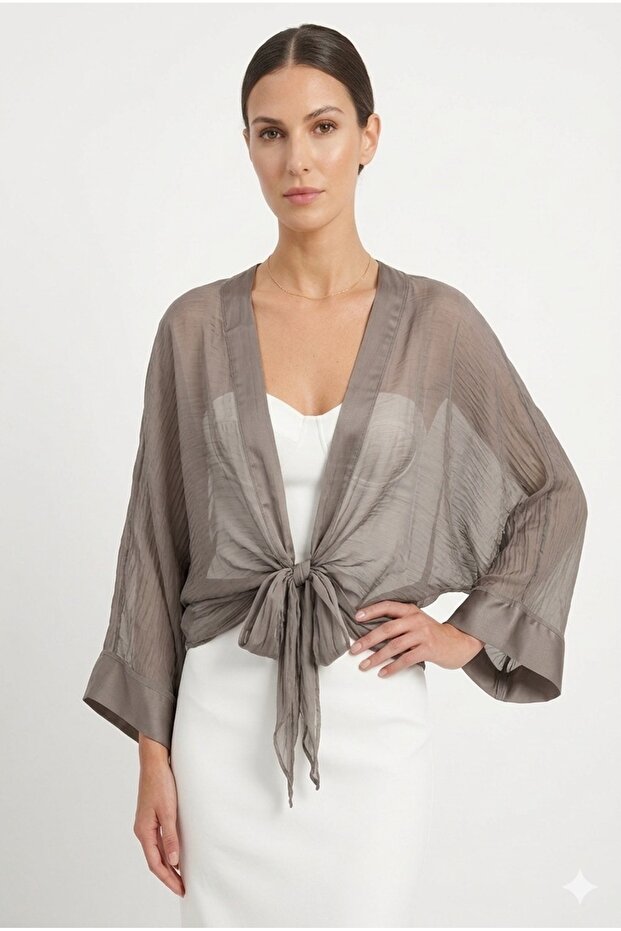 Women's Mink Italian Tie-Front Bat Sleeve Silk Bolero Blouse Size 38 - 42