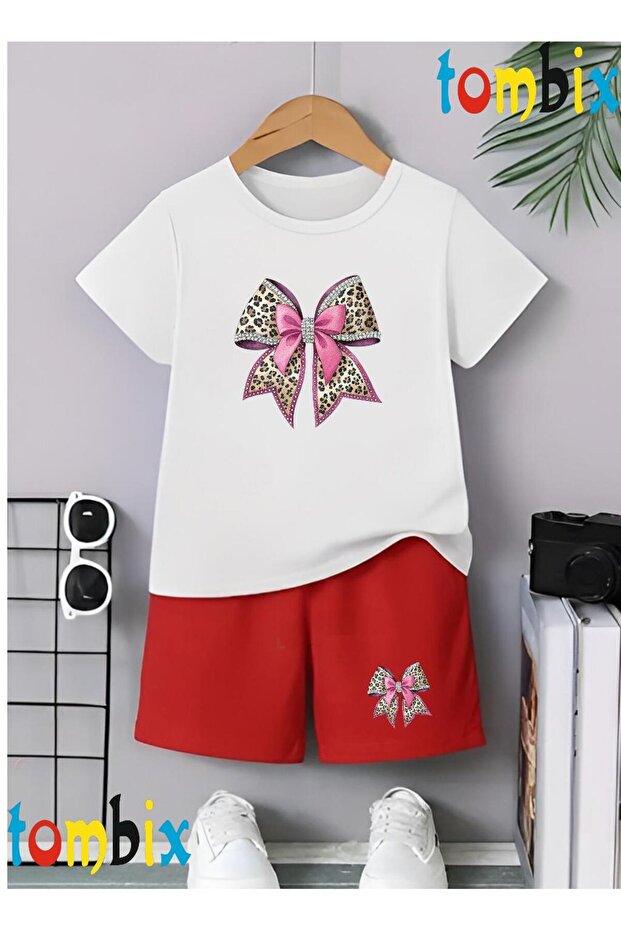 Leopard Ribbon Printed T-Shirt Shorts Summer Children's Set