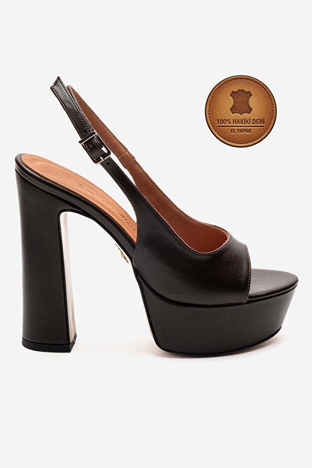 Genuine Leather Brown Open Back Platform Heeled Handmade Women's Shoes Sonia