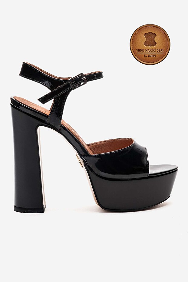 Genuine Leather Black Patent Leather Ankle Strap Open Platform Heeled Handmade Women's Shoes Talia