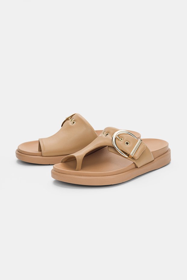 Soraya Adjustable Gold Buckle Detailed Flip-Flop Women's Slippers - Taba