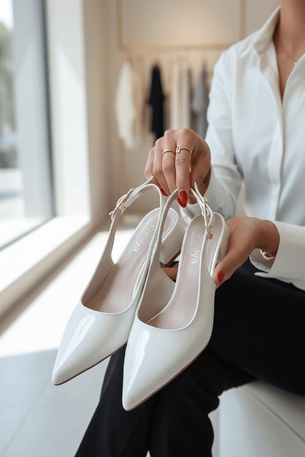 Calista White Patent Leather Pointed Toe Heeled Ballerina Shoes with Side Buckle (4 cm Heel Length)