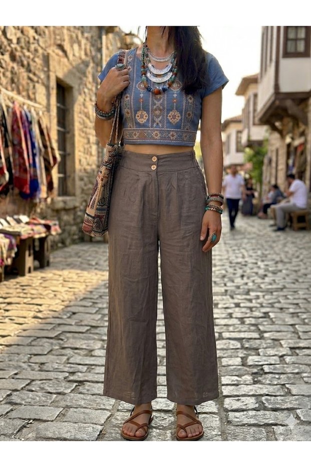 Women's Italian Mink 100% Linen Trousers with Elastic Waist and Side Pockets, Wide Legs