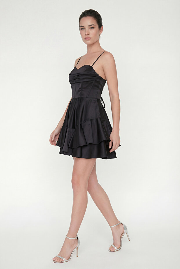 Women's Black Thin Strap Flounce Mini Satin Homecoming Evening Dress