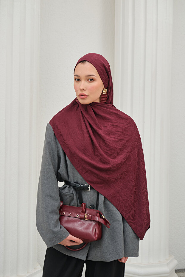 Wave Pattern Cotton Ayrobin Jacquard Shawl Women's Dark Burgundy Plum