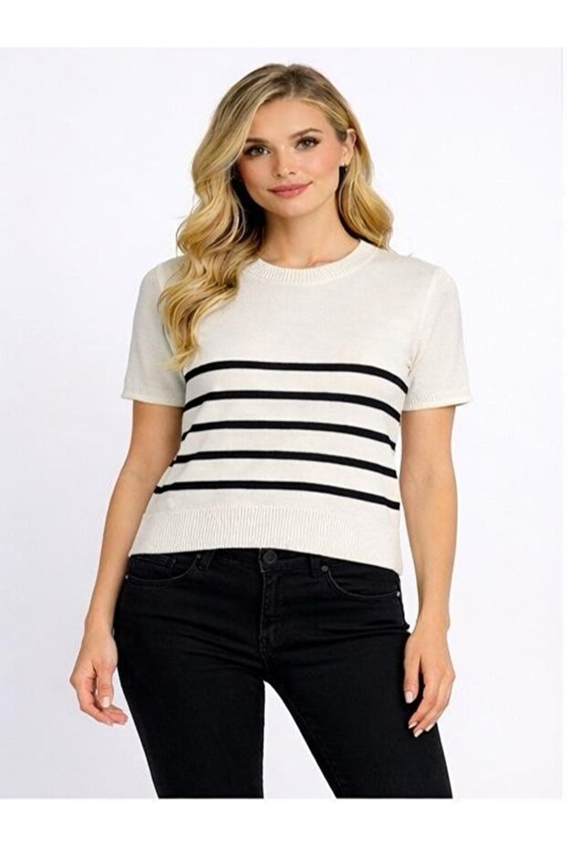 Striped Short Sleeve Thin Knitted Blouse