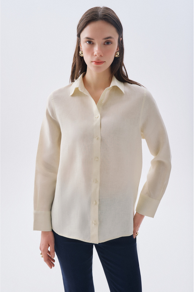 Women's Orange Long Sleeve Linen Shirt