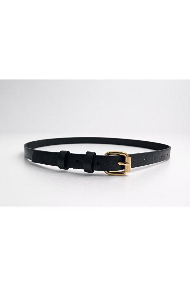 Women's Black Square Buckle Thin Faux Leather Belt 2430 Kmr002