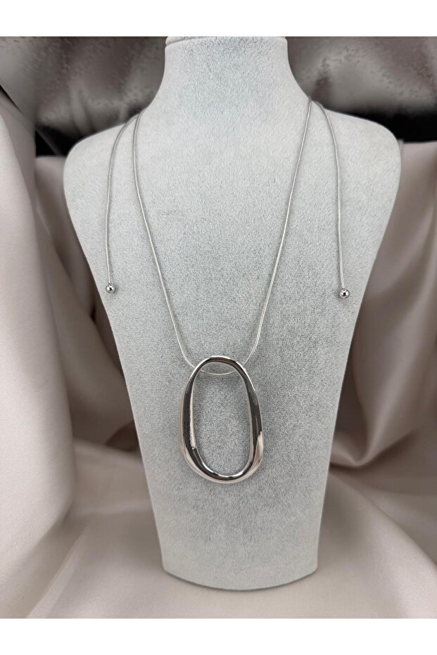 Silver Color Oval Ring End Long Women's Necklace – Minimal, Modern, and Stylish Design