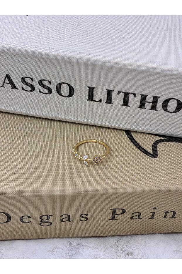Gold Color Lilac Zircon Stone Leaf Detailed Adjustable Minimal Brass Ring