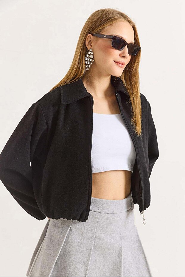Black Zippered Pocket Polo Collar Cashmere Bomber Coat