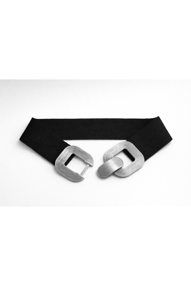 Women's Black Gray Elastic Buckle Wide Belt 1807 Kmr009