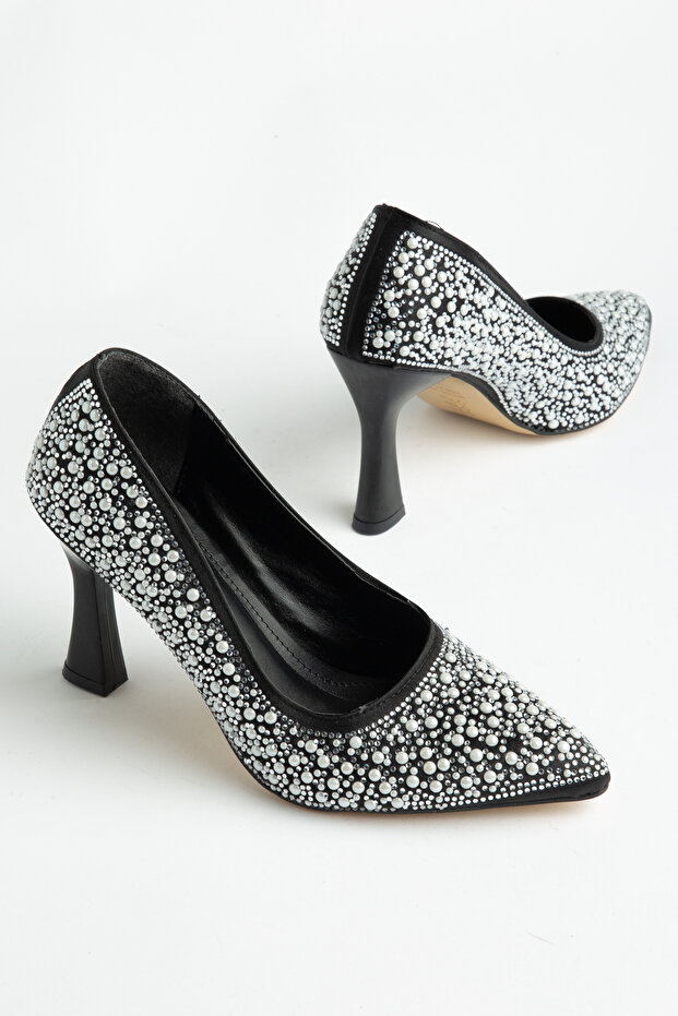 Women's Black Closed-Back Pearl Motif High Heel Stiletto