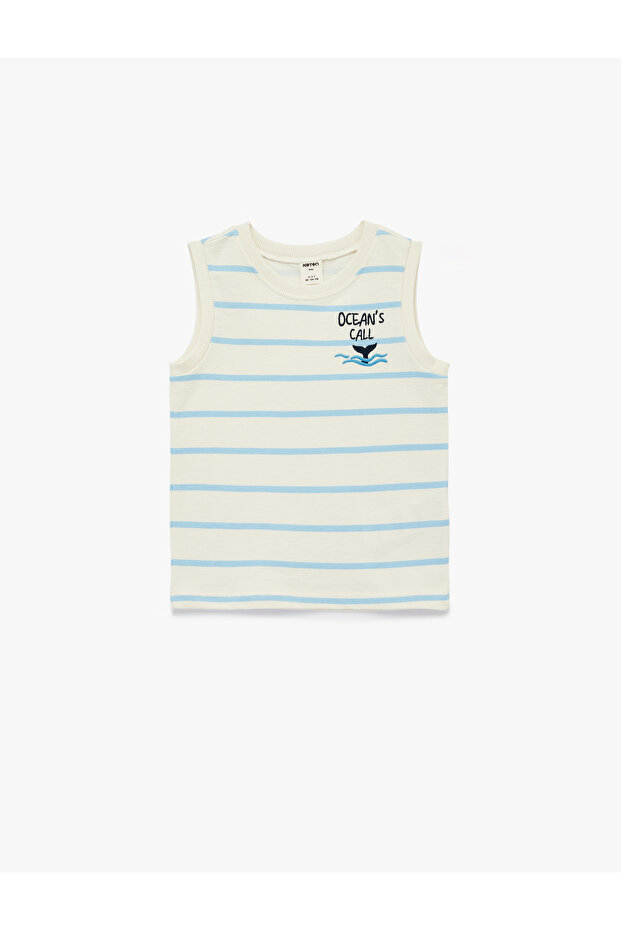Cotton Embroidered Detailed Sleeveless Crew Neck Striped Undershirt