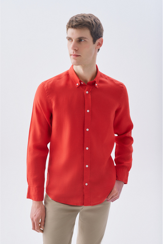 Men's Brown Slim Fit Long Sleeve Linen Shirt