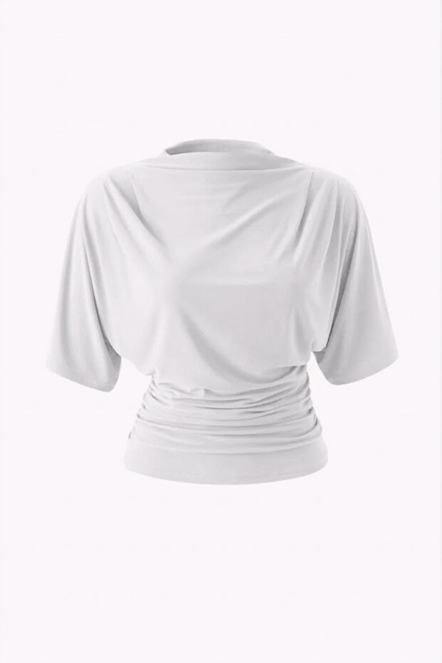 Ekru Drawstring Waist Fitted Bat Sleeve Stretchy Blouse