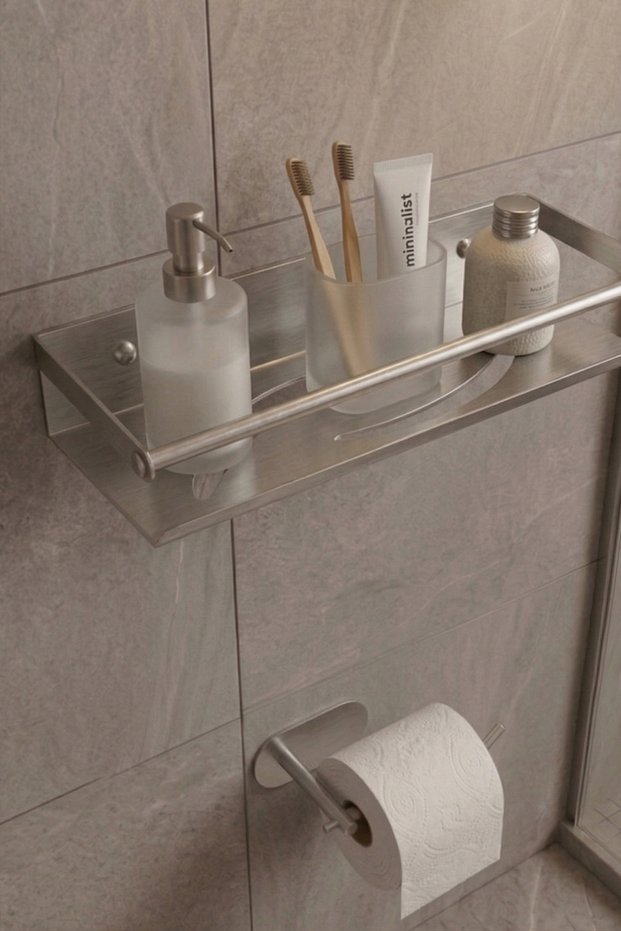 Stainless Steel Satine Inox Adhesive Mounting Bathroom Shelf - Toilet Paper Holder Set