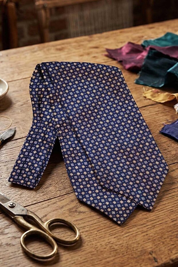 Motif Pattern Navy Blue Italian Silk Ascot Tie Sac27