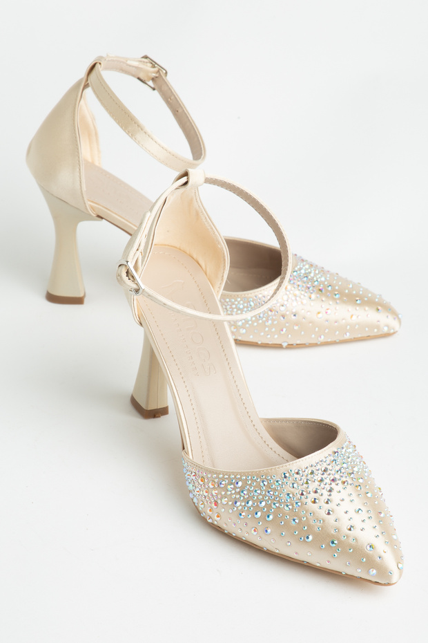 Women's Gold Semi-Closed Diamond Patterned High Heel Stiletto