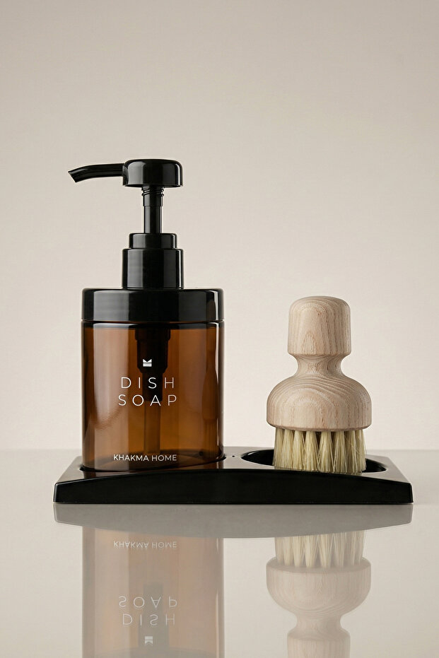 Amber Glass Brushed Soap Dispenser Set with Stand 220 ml – Kitchen Sink Organizer with Dish Brush